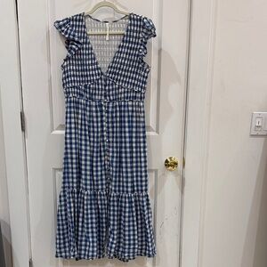 Medium Petite Anthropologie Blue and White Gingham Peregrine Midi Dress